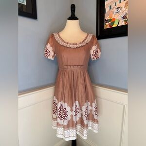 Retro Style Border Print Midi Dress by European Designer Langbow Sz 6